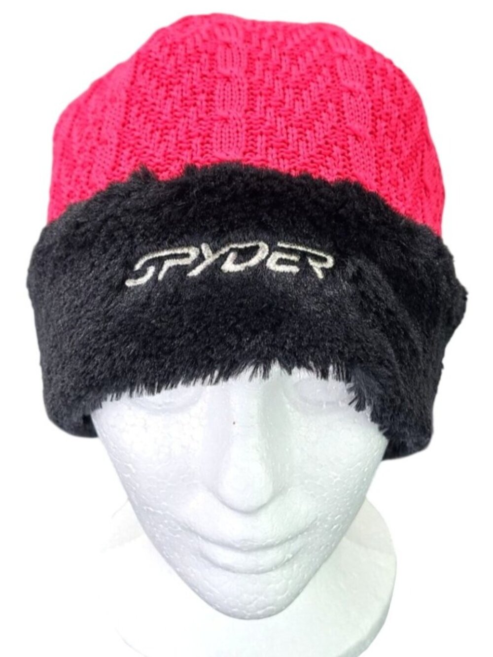 Spyder Pink Black Knit Beanie Hat Faux Fur Trimmed Core Sweater Women One Size